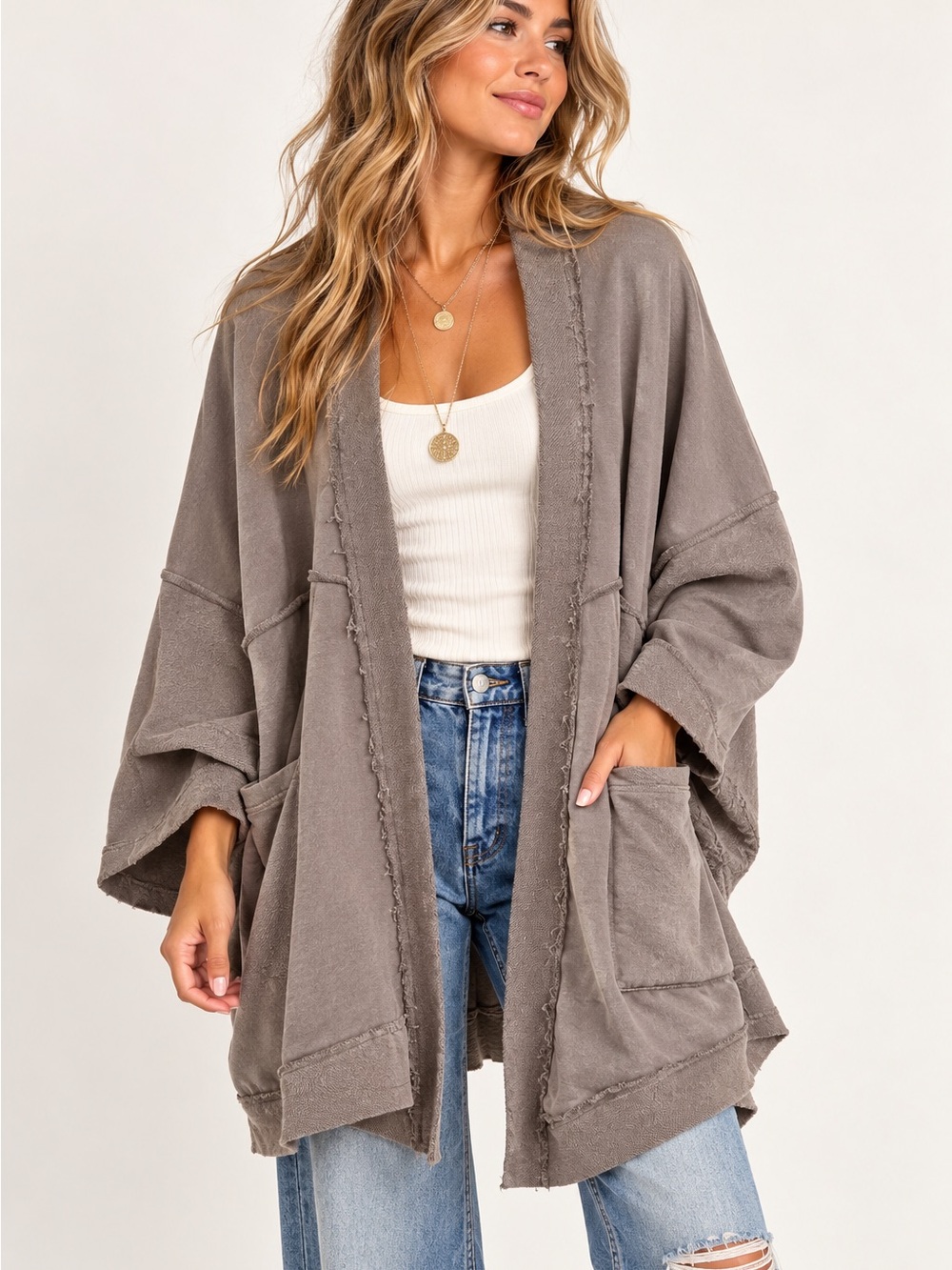 POL Oversized Taupe Open-Front Women’s Sweater Cardigan